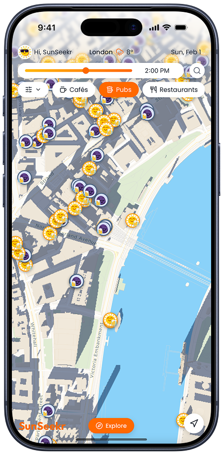 SunSeekr map showing sunny venues