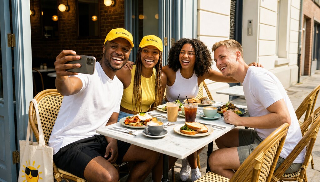 Friends enjoying brunch on a sunny terrace