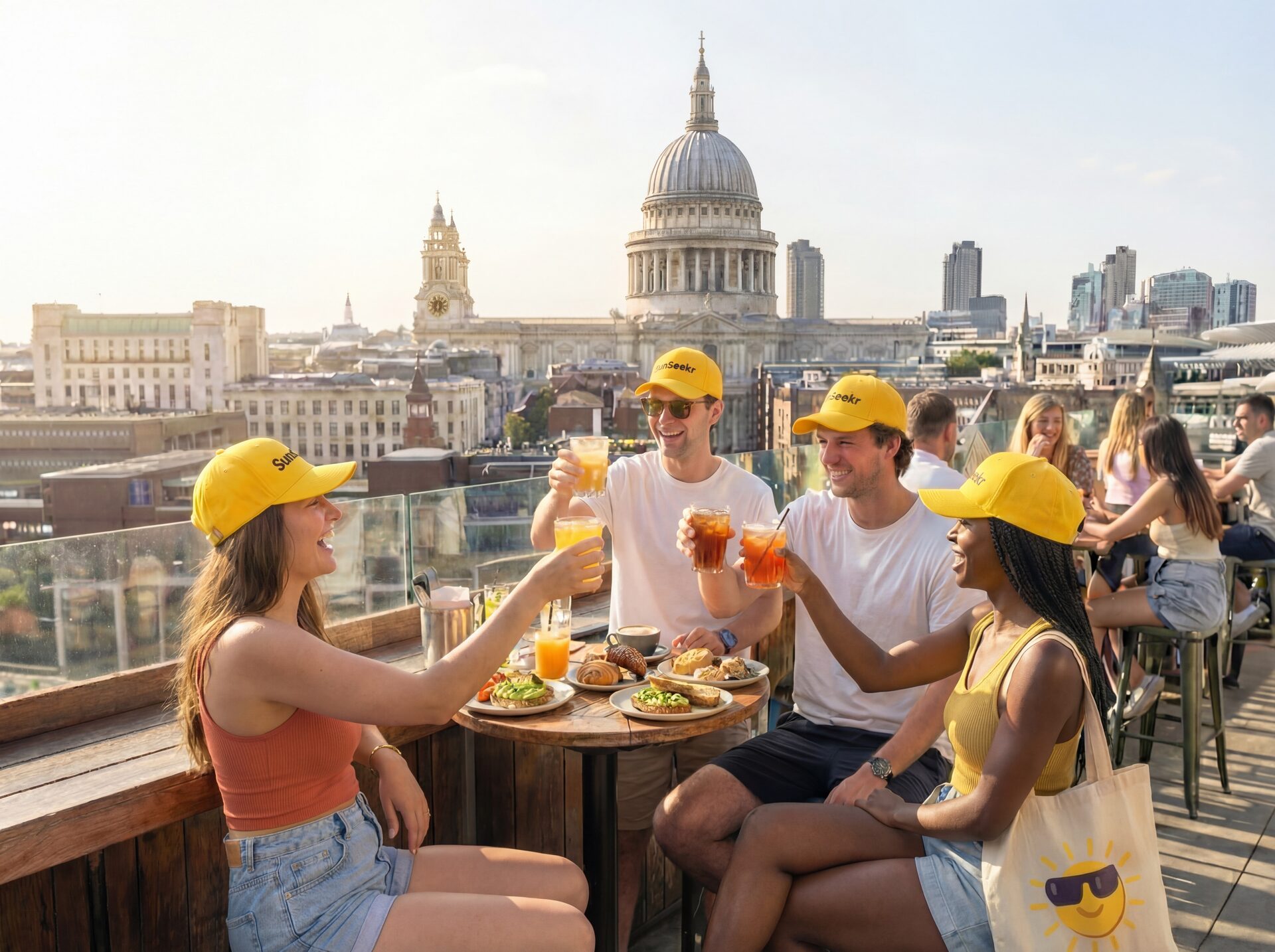 Friends enjoying sunshine on a rooftop terrace