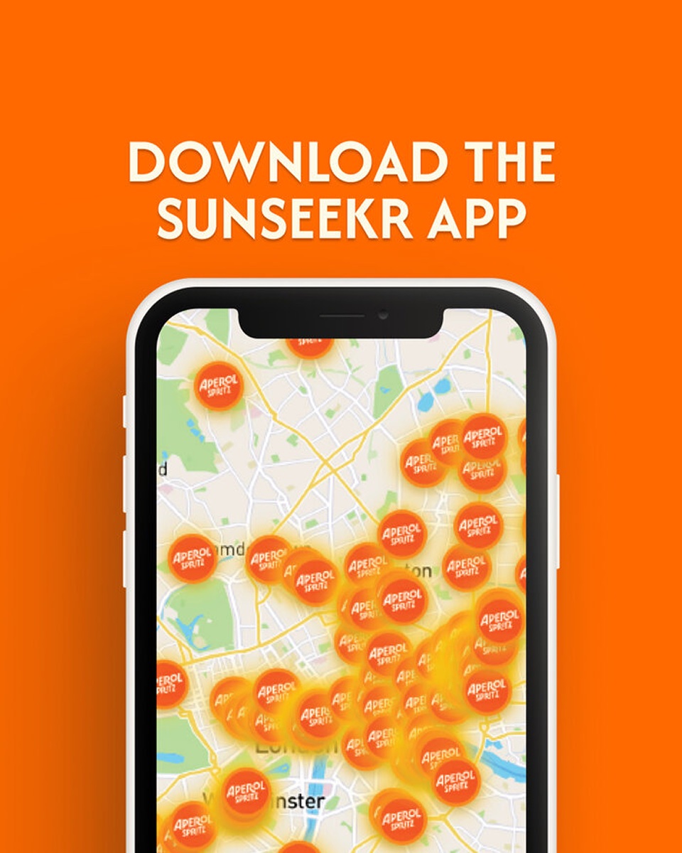 Aperol Spritz campaign artwork — the SunSeekr map filled with Aperol Spritz venues across London