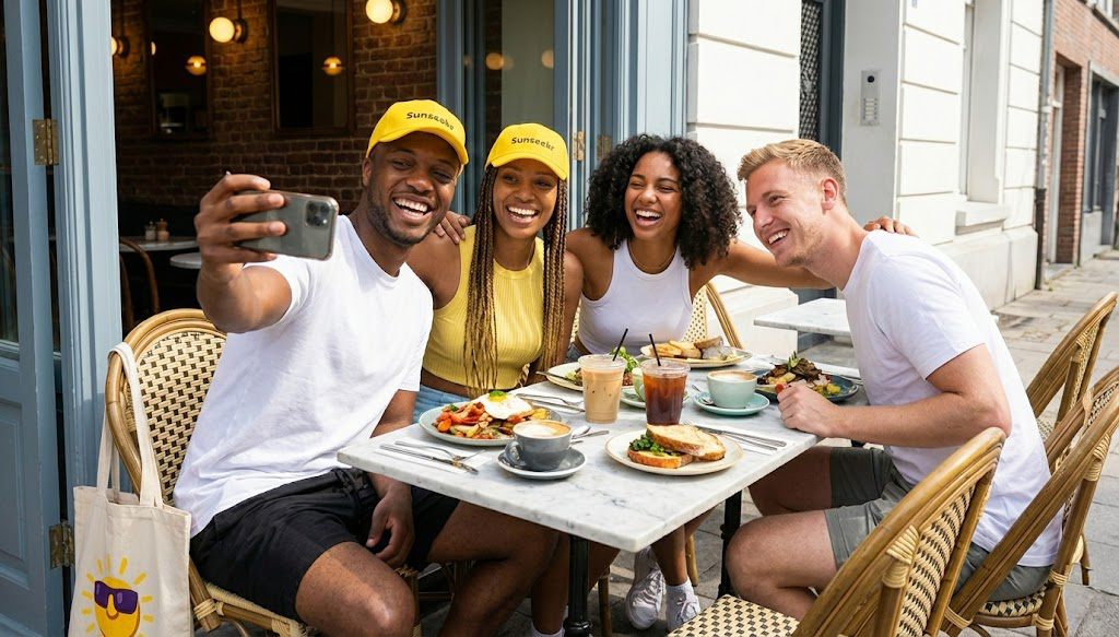 Friends enjoying sunshine on a terrace