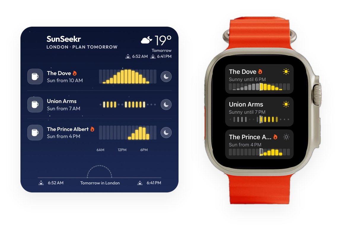 SunSeekr-widgeten och Apple Watch med sparade ställen och en låga bredvid dem som har värme utomhus