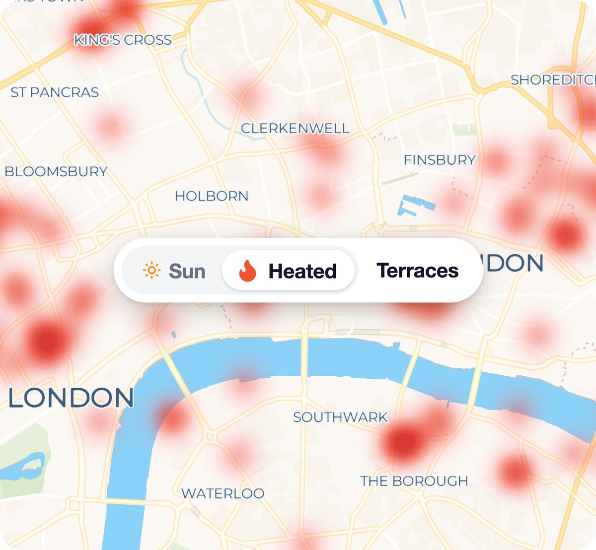 En värmekarta över centrala London i SunSeekr, med reglaget Sol / Uppvärmda uteserveringar