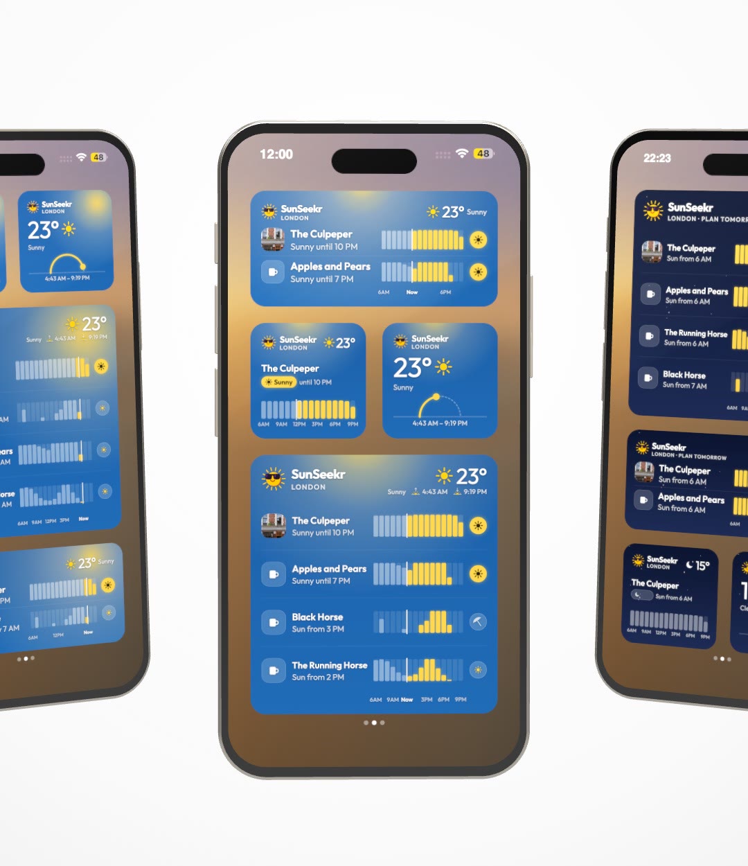 Små, mellemstore og store SunSeekr-widgets på tre iPhone-hjemmeskærme